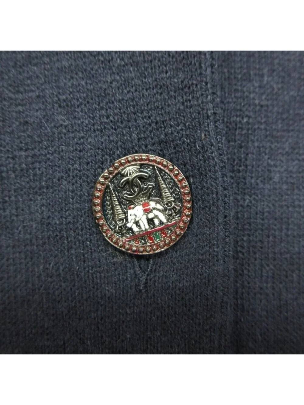 Chanel Cardigan Knit Jacket Elephant Button CC Logo Paris Bombay Metier Dahl